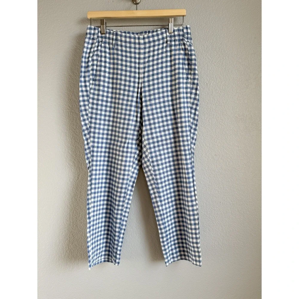J.Jill Linen Stretch Pants Women S Blue Gingham Check Crop‎ Cottagecore Coastal